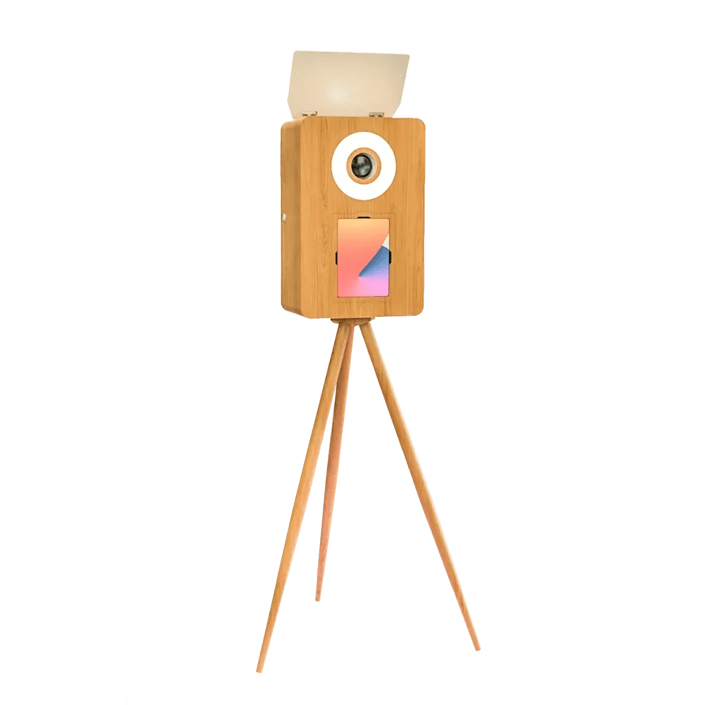 The Entourage | Wood Grain Tripod Photo Booth with Rear Touchscreen - DJ And Photo Booth Supply